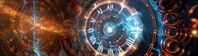 Illustrate the interplay between time travel and technology within an ethereal backdrop capturing the fusion of ancient artifacts and futuristic mechanisms within the notions of space time continuum - obrazy, fototapety, plakaty
