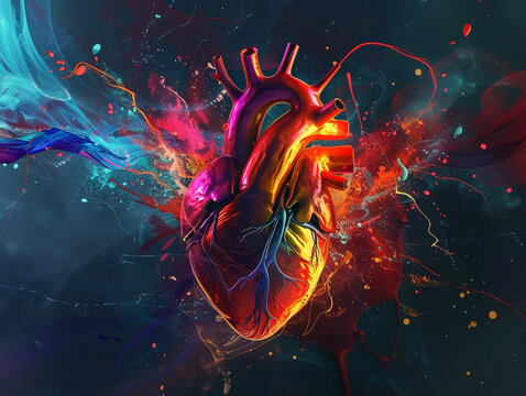 An evocative illustration of a pulsating heart emanating vibrant colors in a unique style