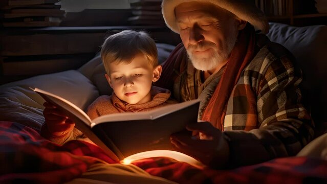 16:9 Father reads a story to his child before bedtime. Expressing love on Father's Day.