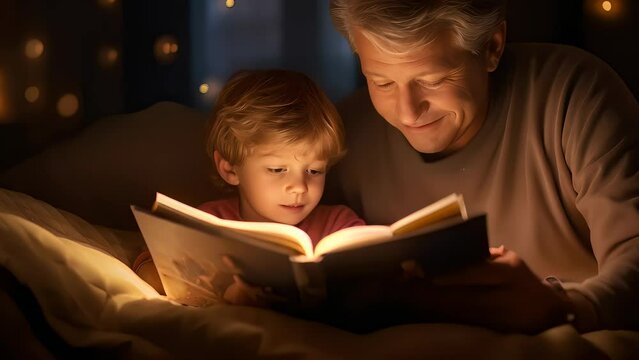 16:9 Father reads a story to his child before bedtime. Expressing love on Father's Day.