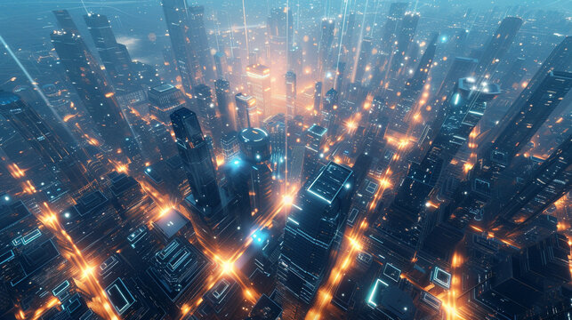 Visualize a background setting showcasing a vast technologically advanced city glowing with the energy of millions of microchips The style should inspire curiosity be deserving of a second look