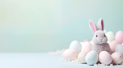 Obraz premium Easter eggs and a cute bunny in pastel color theme bankground, Easter festival and holiday background