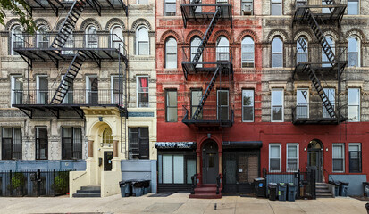 Block of old apartment buildings in the East Village neighborhood of Manhattan in New York City