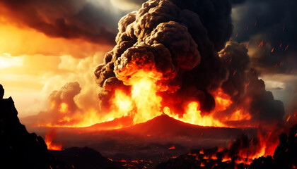噴火する山　AI画像　ジェネレーティブAI - obrazy, fototapety, plakaty