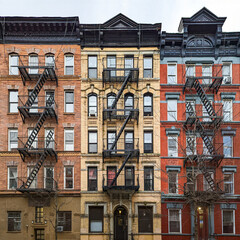 Colorful historic brick apartment buildings on 12th Street in the East Village neighborhood of Manhattan in New York City