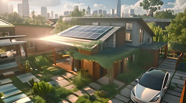 Modern Sustainable Home with Solar Panels with AI generated.
