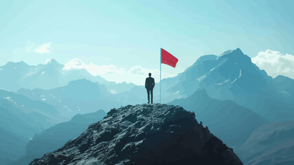 Businessman in top of mountain with red flag