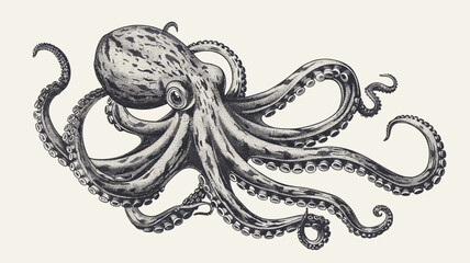 Illustration Black and white Octopus with tentacles