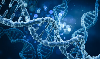 human DNA strand, blue DNA structure background 3d illustration.