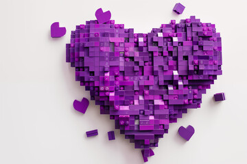 3D purple heart made of cubes lego  on white background - obrazy, fototapety, plakaty