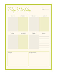 Weekly Planner. (Happiness) Vector Print template.	