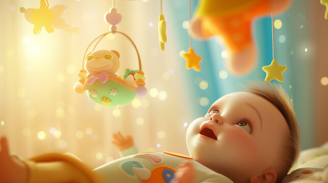 Baby with a toy mobile Show off your artistic skills by designing an imaginative illustration or 3D animation of a baby lying on their back gazing at a captivating toy mobile above