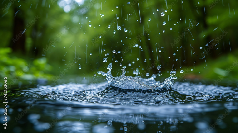 Aufkleber closeup of rain splashes on a lake creating rippling waves.