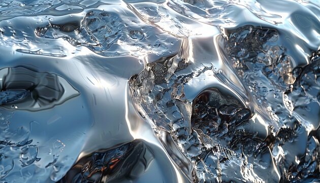 silver effect on metal surfaces poster, in the style of expressive facial animation, fluid blending forms, hyper-realistic water, organic forms and patterns. Generative AI.