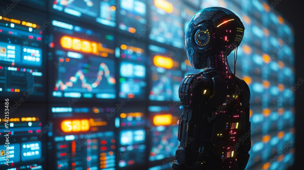 Poster a humanoid figure illuminated with neon lights and wires connecting to its brain stands in front of 
