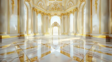 white gold marble interior within the royal palace, emanating regal opulence akin to a golden palace or castle interior, luxury fantasy backdrop - obrazy, fototapety, plakaty
