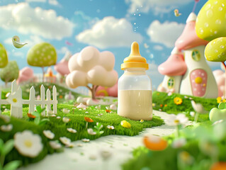 Using your skills as a talented 3D animator bring the concept of a baby bottle and milk to the virtual world Build a captivating animated scene where the baby bottle gracefully rotates