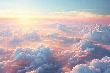 Gorgeous view of pink cumulus clouds at sunrise from high altitude flight in the morning