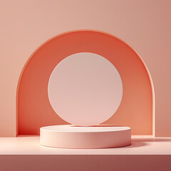 A minimalist aesthetic is captured in a serene image of a white circle reflected on a soft pink wall, evoking a sense of modern elegance in an indoor space. Podium for Produkt presentation. 