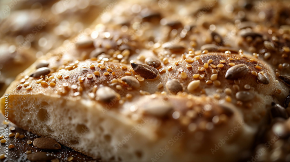 Poster closeup of seeds sprinkled on top of a loaf of bread adding a crunchy texture to the soft dough. the