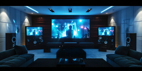 3d home cinema room with blue lights | photograph of a home theatre system in a modern, finished, concrete basement, - obrazy, fototapety, plakaty