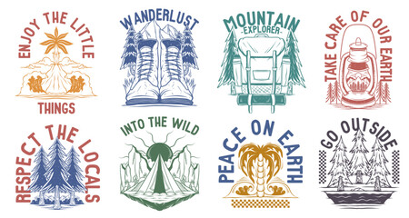 Mountain Camping Graphic T shirt for Print, Outdoor Vintage Set. Nature Lover T-shirt Designs Bundle. Retro Travel Designs Collection. Outdoors Vector Illustration