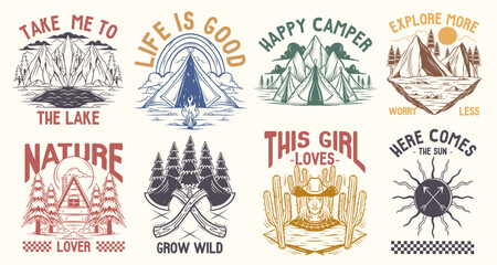 Outdoor Vintage Set. Mountain Camping Graphic T shirt for Print, Nature Lover T-shirt Designs Bundle. Retro Travel Designs Collection. Outdoors Vector Illustration