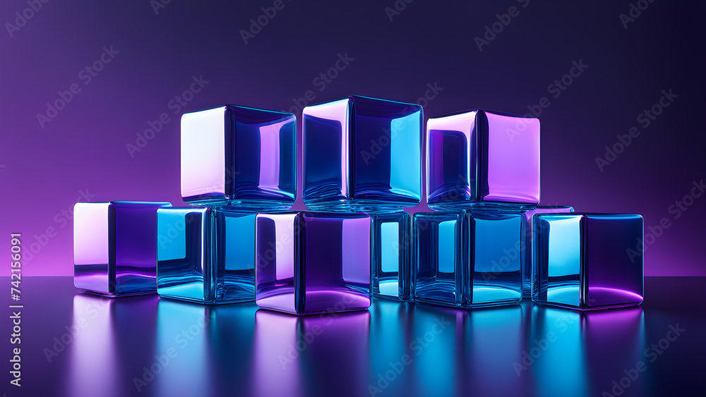 Aufkleber 3d-holographic-cubes-floating-dynamically-against-a-gradient-backdrop-of-deep-purples-and