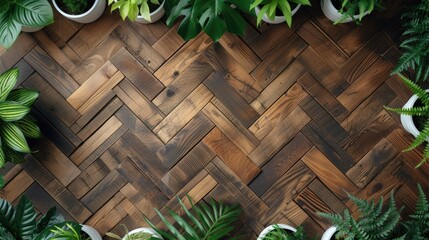 Over a herringbone parquet, lush greenery adorns the space with a variety of houseplants.