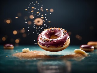 Yummy glazed doughnut with topping, cinematic food dessert photography, donut  - obrazy, fototapety, plakaty