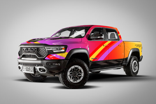 Novosibirsk, Russia -  November 10  , 2023:       colorful  Dodge Ram Trx on white background , front view