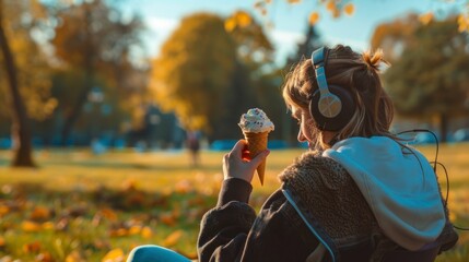 beautiful young woman with headphones eating ice cream - obrazy, fototapety, plakaty