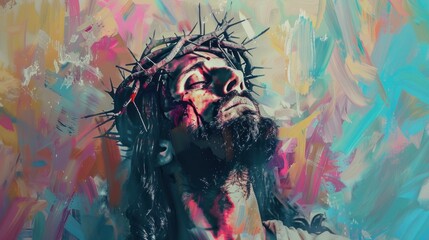 beautiful face of jesus with crown of thorns crucified - obrazy, fototapety, plakaty