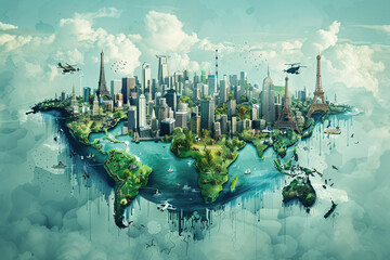 Create an illustration of a world map with unconventional modes of transportation such as flying bicycles underwater trains or floating cities - obrazy, fototapety, plakaty