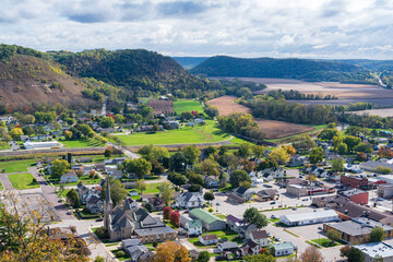 overlooking rushford and farm fields viewed from atop magelssen bluff park in driftless region of southeastern minnesota
