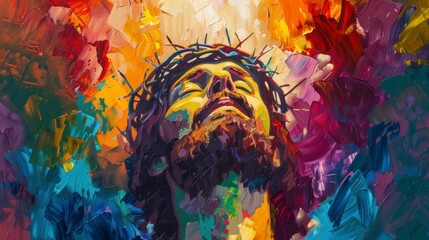 beautiful face of Jesus with crown of thorns crucified in watercolor in high resolution and high quality