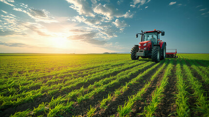 Farming agriculture tractor spraying plants in a field