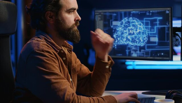 Computer scientist updating artificial intelligence neural networks, drinking coffee and writing code scripts in personal office. IT expert enjoying hot beverage while running AI simulations, camera A