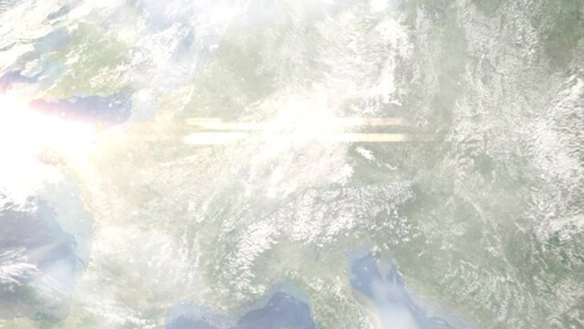 Earth zoom in from space and focus on Kirchheim unter Teck, Germany. 3D Animation. Satellite view. Background for travel intro. Images from NASA