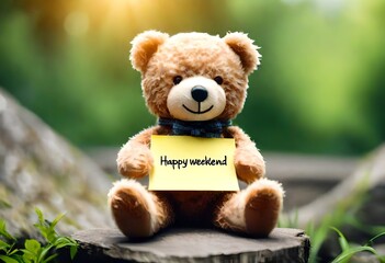 teddy bear with note "Happy Weekend" Theme of nature background