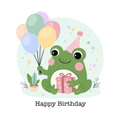 Happy birthday card with giraffe and frog. Vector illustration of a children's greeting card.