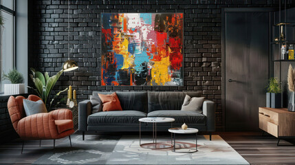 Dark grey themed modern living room with abstract painting - obrazy, fototapety, plakaty