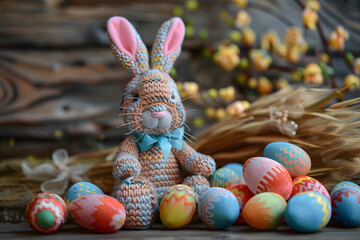 イースター、カラフルな卵とかわいいうさぎのぬいぐるみ