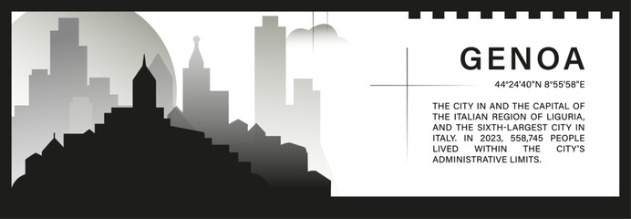 Genoa skyline vector banner, black and white minimalistic cityscape silhouette. Italy city horizontal graphic, travel infographic, monochrome layout for website