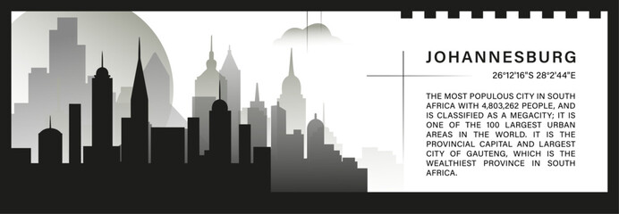Obraz premium Johannesburg skyline vector banner, black and white minimalistic cityscape silhouette. South Africa city horizontal graphic, travel infographic, monochrome layout for website