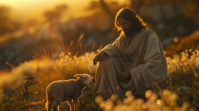 Jesus watching over a lamb. sat in a field during the sunset. light leaks. Christian scene. Bible