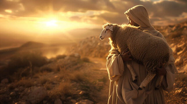 Jesus figure - A good Shepard Carrying a lost sheep. bible reference - beautiful sunset. Christian Themed