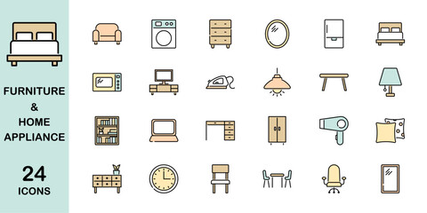 Set of colorful furniture and home appliance icons, editable stroke	