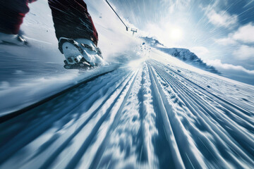 Close-up action shot of skiing or snowboarding down a mountain slope