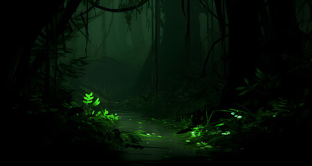 a forest that is lit up with some bright green lights